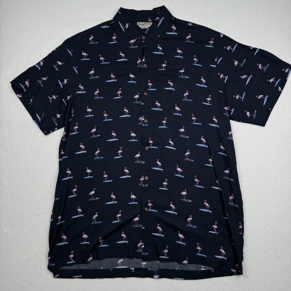 Kenny Flowers Shirt Mens 2XL Blue Flamingo Hawaiian Rayon Short Sleeve Button Up